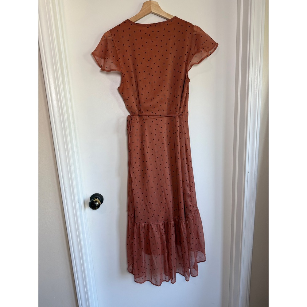 Abercrombie & Fitch Terracotta Polka Dot Wrap Midi Dress Flutter Sleeve M - Picture 7 of 8